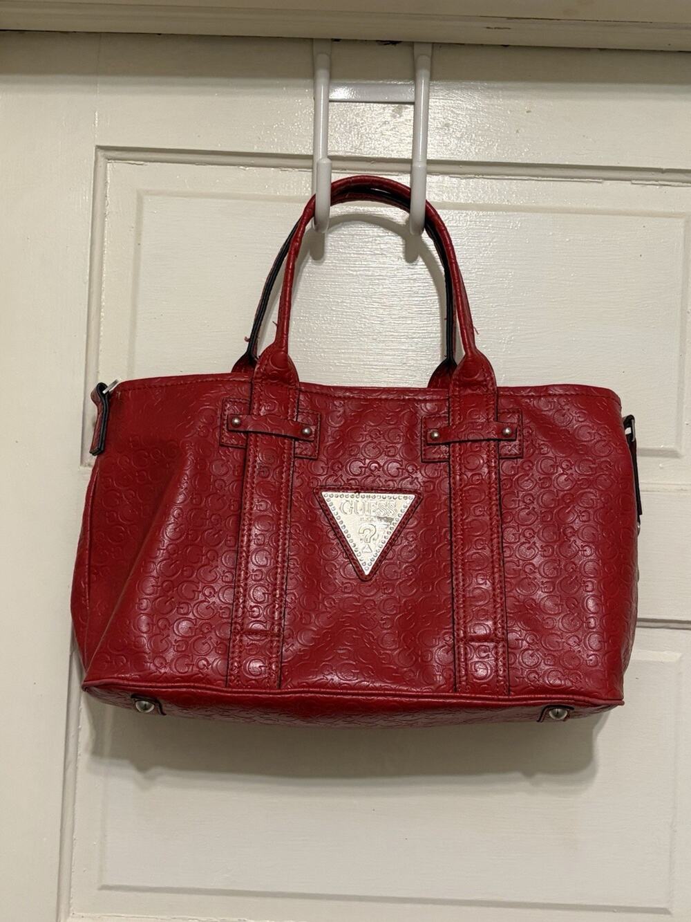 Y2K Red Leather Guess Shoulder Bag with Silver Logo Plate Oversized “G” Pattern